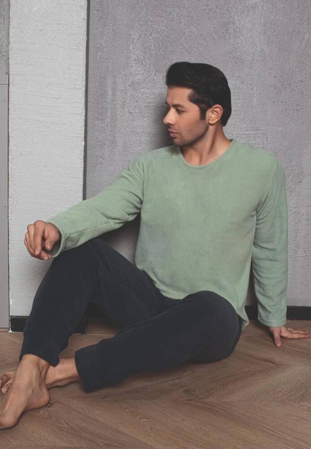 Pijama Bărbat, Pantalon Lung și Mâneca Lungă, Verde Deschis, Polar - 2
