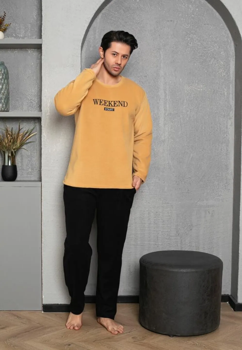 Pijama Bărbat, Pantalon Lung și Mâneca Lungă, Galben, Polar, Weekend - 2