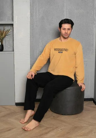 Pijama barbat polar maneca lunga pantalon lung,Galben,Weekend
