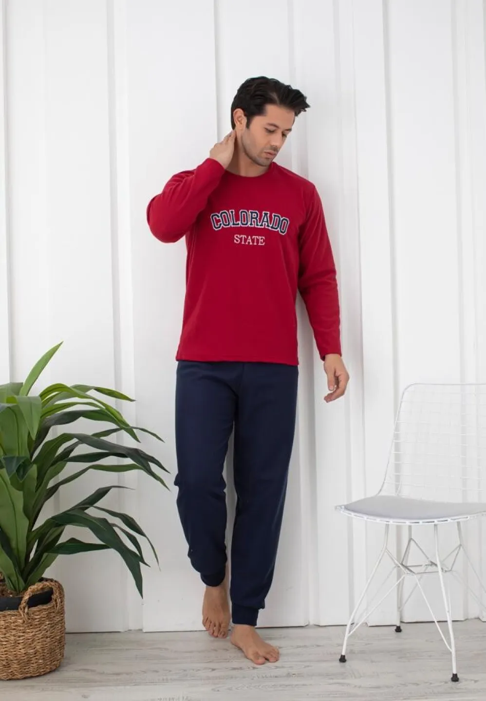 Pijama Bărbat, Pantalon Lung și Mâneca Lungă, Bordo, Polar, Colorado - 5