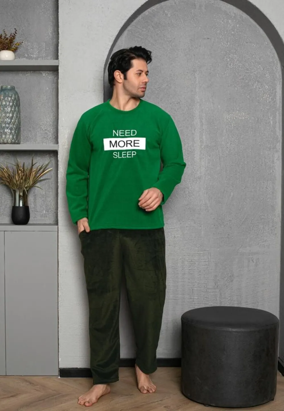 Pijama Bărbat, Pantalon Lung și Mâneca Lungă, Verde, Polar, Need More Sleep - 2