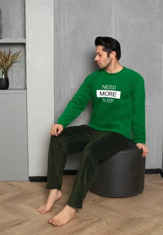Pijama barbat polar maneca lunga pantalon lung,Verde,Need More Sleep