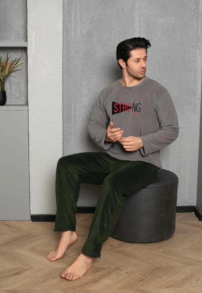 Pijama Bărbat, Pantalon Lung și Mâneca Lungă, Gri, Polar, Strong