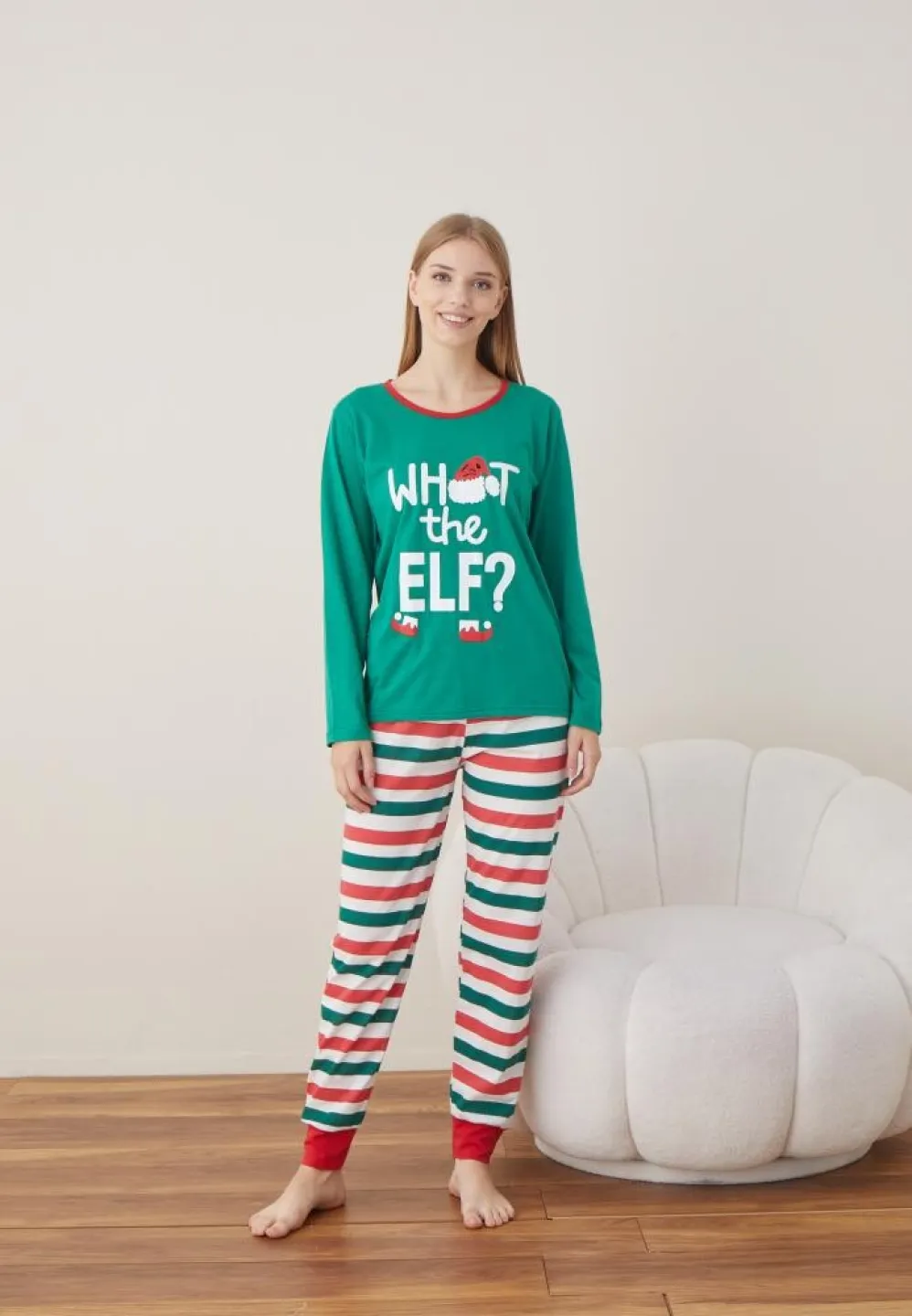 Pijama Verde Dama Craciun WHAT THE ELF ? Maneca Lunga Pantalon Lungi - 1