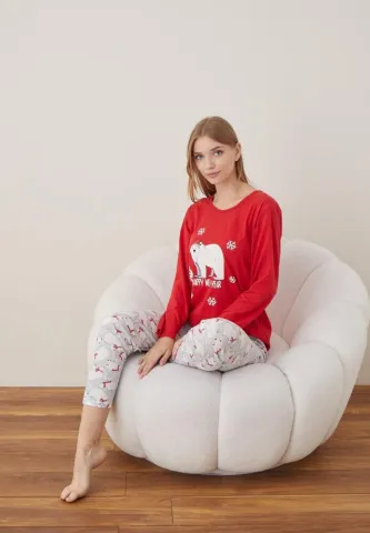 Pijama Craciun Dama Maneca Lunga Pantalon Lungi,Rosu,Happy New Year hover