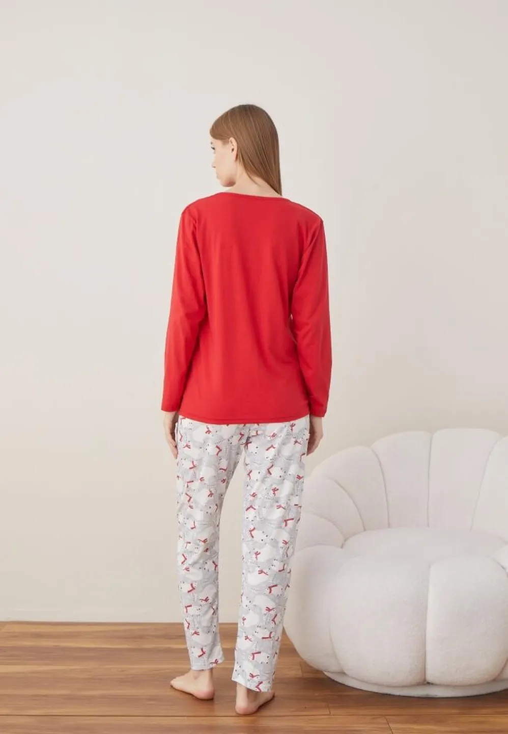 Pijama Happy New Year Dama Craciun Maneca Lunga Pantalon Lungi Rosu - 3