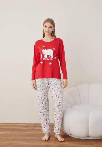 Pijama Craciun Dama Maneca Lunga Pantalon Lungi,Rosu,Happy New Year