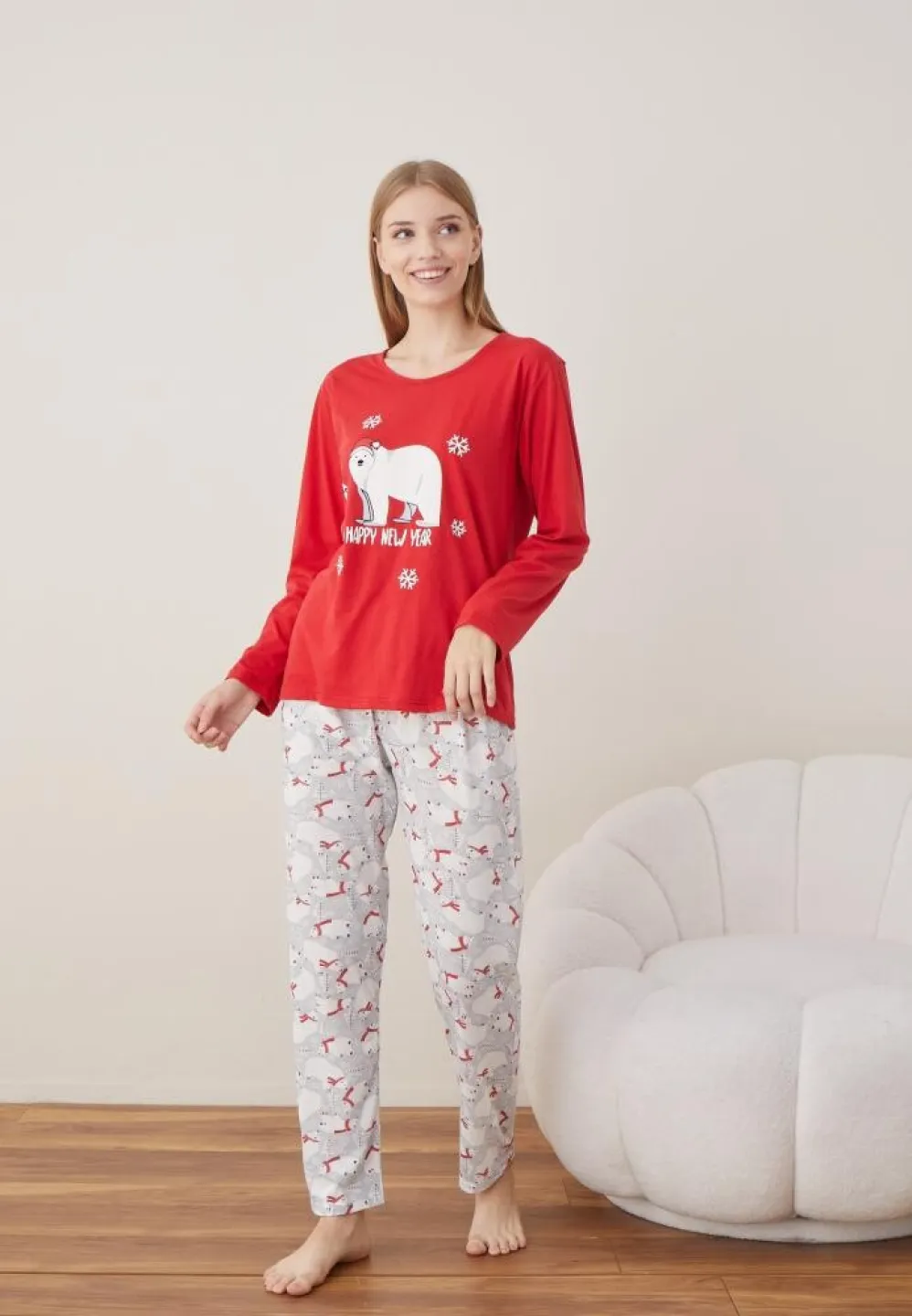 Pijama Happy New Year Dama Craciun Maneca Lunga Pantalon Lungi Rosu - 4