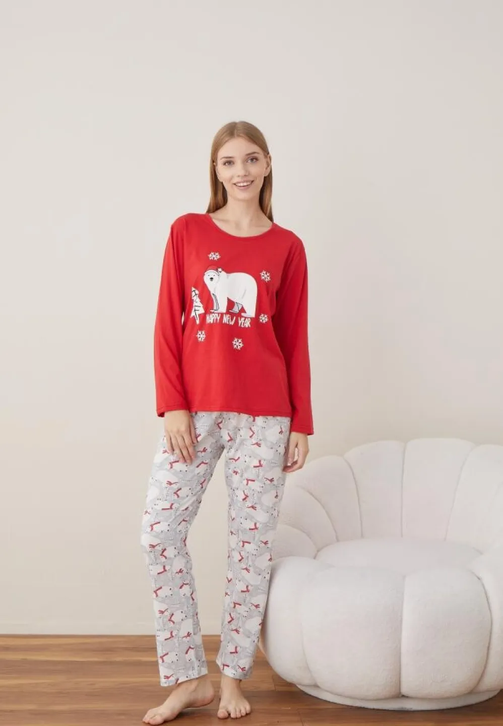 Pijama Happy New Year Dama Craciun Maneca Lunga Pantalon Lungi Rosu - 5