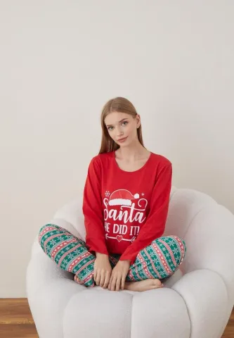 Pijama Santa Dama Craciun Maneca Lunga Pantalon Lungi Rosu
