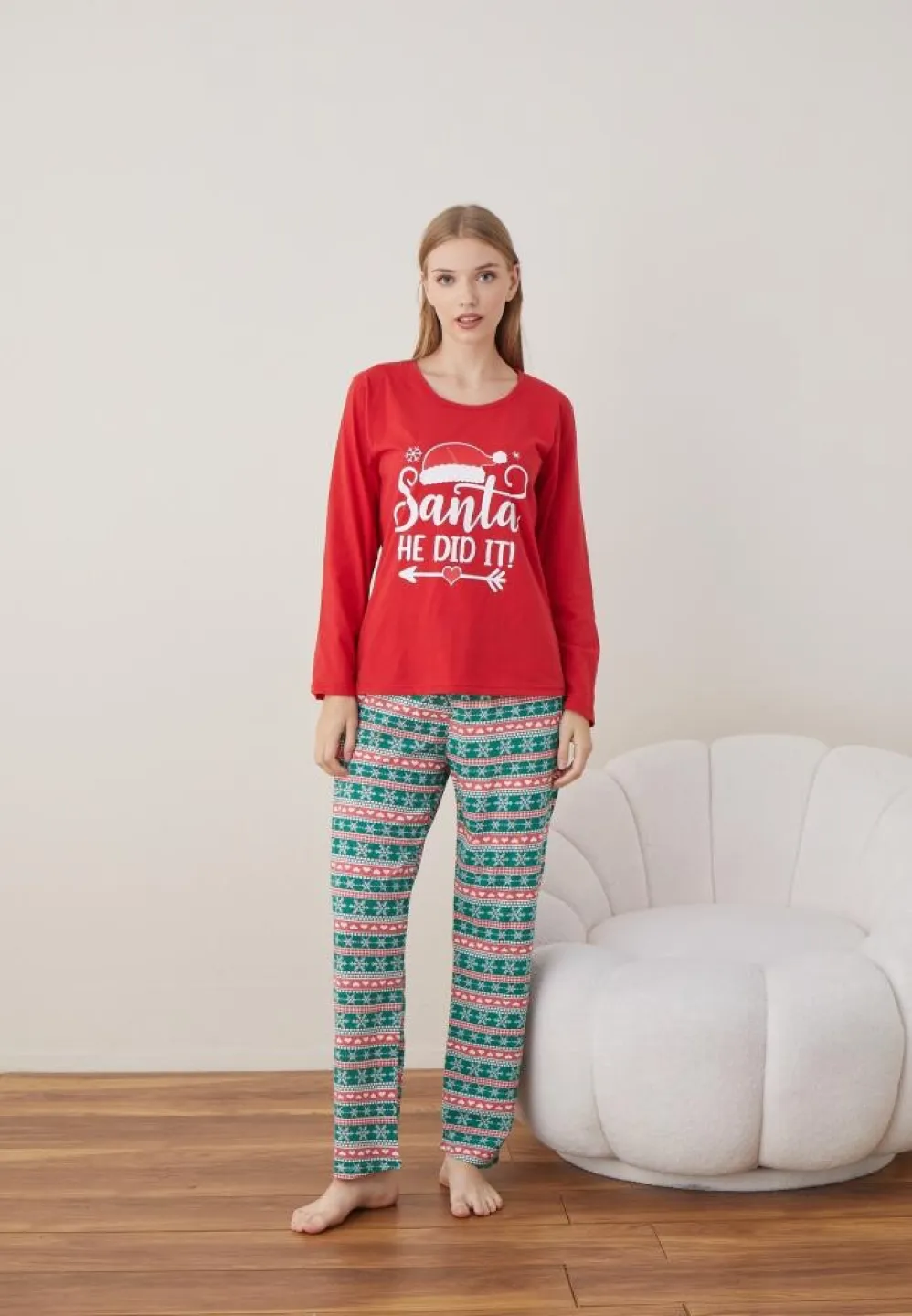 Pijama Santa Dama Craciun Maneca Lunga Pantalon Lungi Rosu - 2
