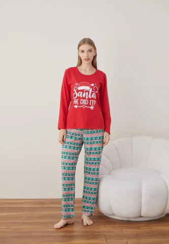 Pijama Santa Dama Craciun Maneca Lunga Pantalon Lungi Rosu hover