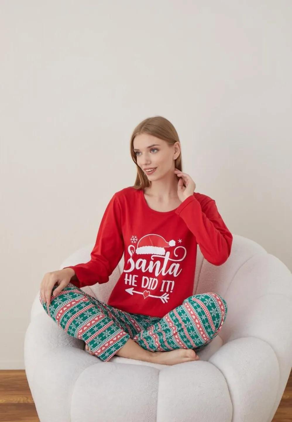 Pijama Santa Dama Craciun Maneca Lunga Pantalon Lungi Rosu - 3
