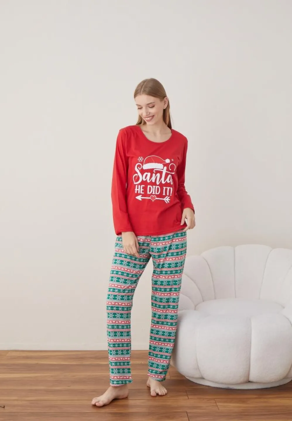Pijama Santa Dama Craciun Maneca Lunga Pantalon Lungi Rosu - 4