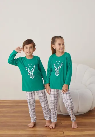 Pijama Ren Fete și Băieți Crăciun Mânecă Lungă Pantalon Lungi Verde