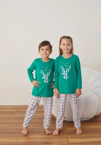 Pijama Ren Fete și Băieți Crăciun Mânecă Lungă Pantalon Lungi Verde hover