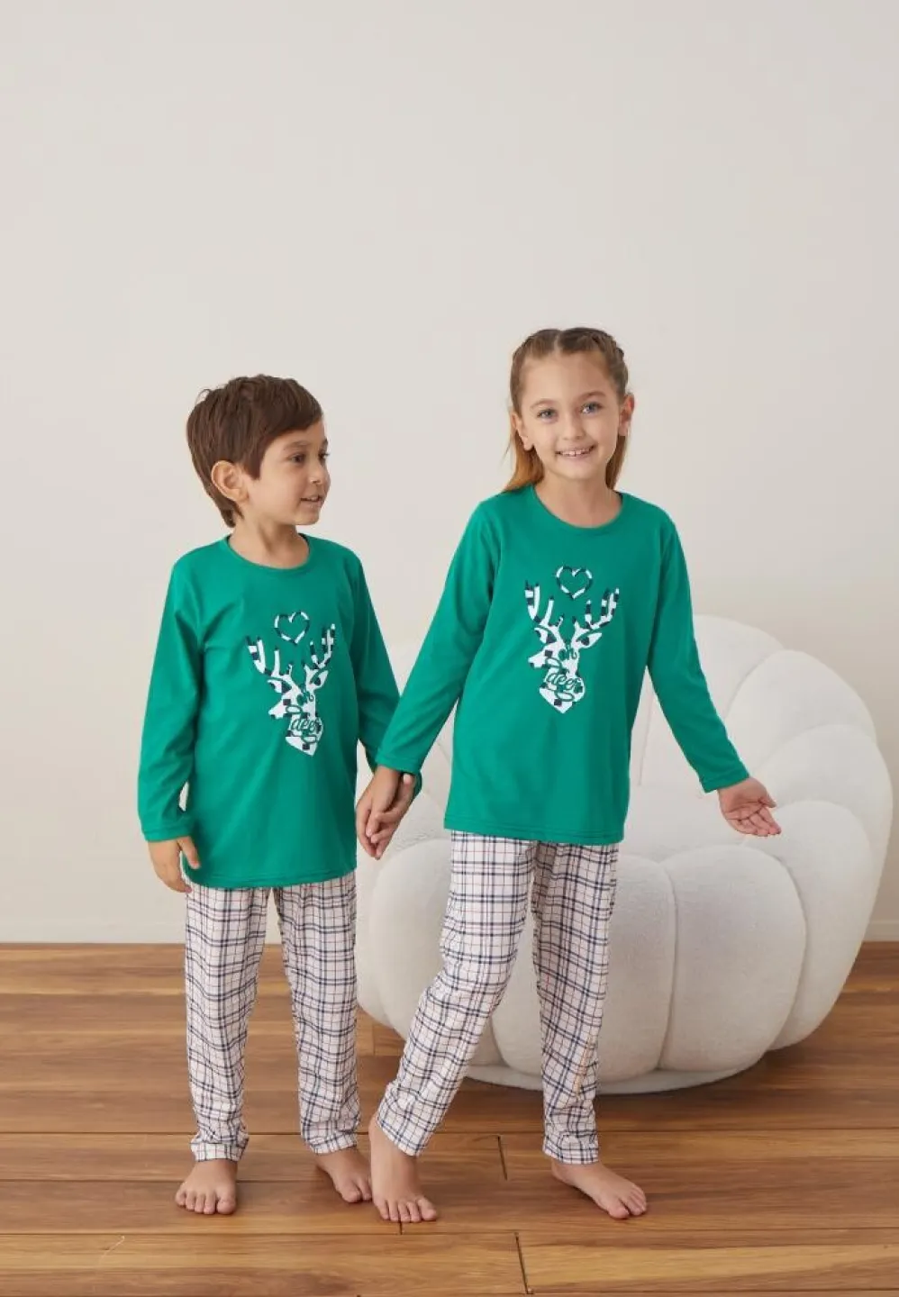 Pijama Ren Fete și Băieți Crăciun Mânecă Lungă Pantalon Lungi Verde - 3