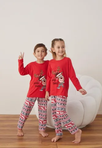 Pijama Merry Xmas Fete și Băieți Crăciun Mânecă Lungă Pantalon Lungi Rosu