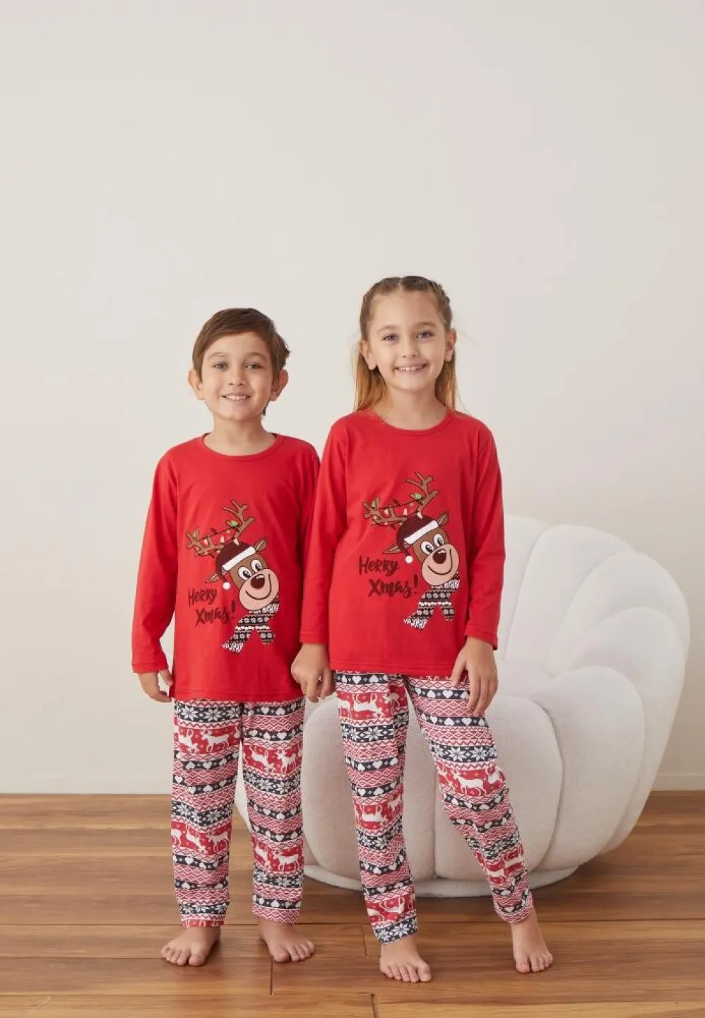 Pijama Merry Xmas Fete și Băieți Crăciun Mânecă Lungă Pantalon Lungi Rosu - 3