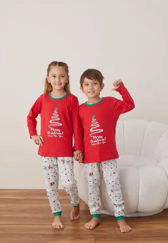 Pijama Crăciun Fete și Băieți, Mânecă Lungă, Pantalon Lungi, Rosu,Bradut
