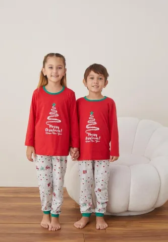 Pijama Crăciun Fete și Băieți, Mânecă Lungă, Pantalon Lungi, Rosu,Bradut hover