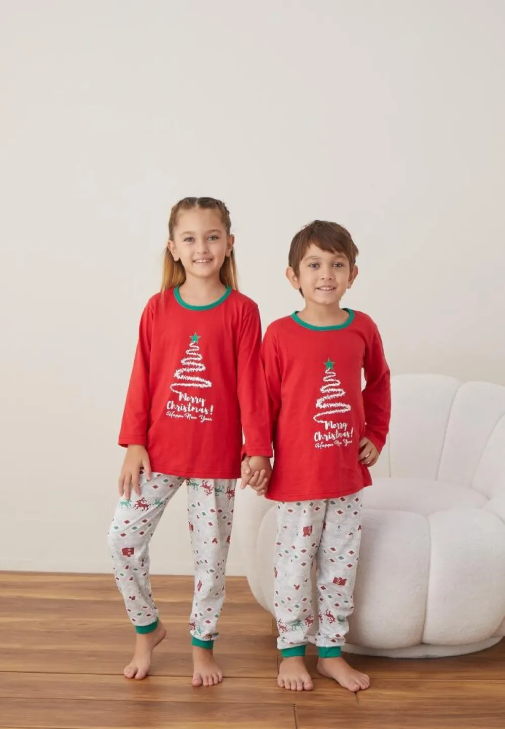 Pijama Bradut Fete și Băieți Crăciun Mânecă Lungă Pantalon Lungi Rosu - 3