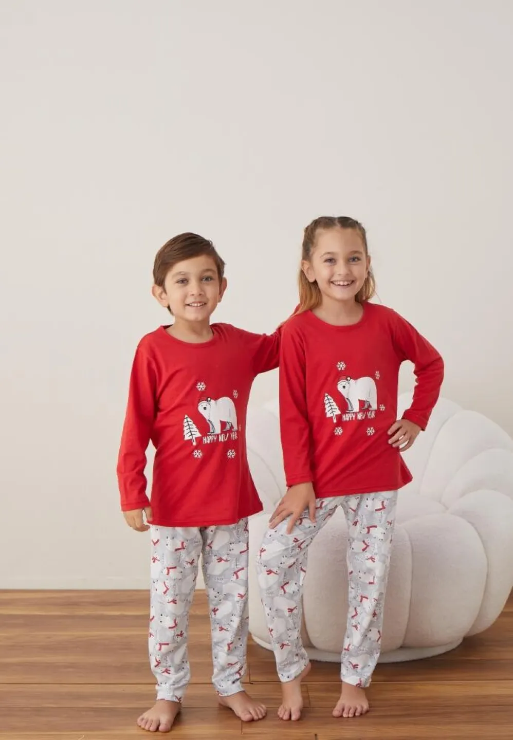 Pijama Happy New Year Fete și Băieți Crăciun Mânecă Lungă Pantalon Lungi Rosu - 2