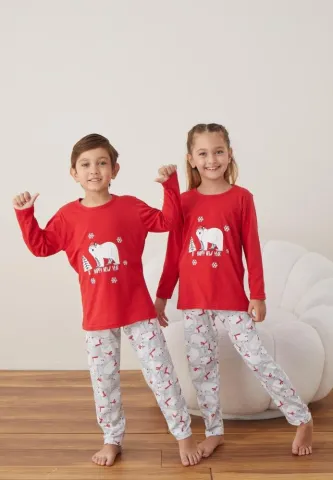 Pijama Happy New Year Fete și Băieți Crăciun Mânecă Lungă Pantalon Lungi Rosu