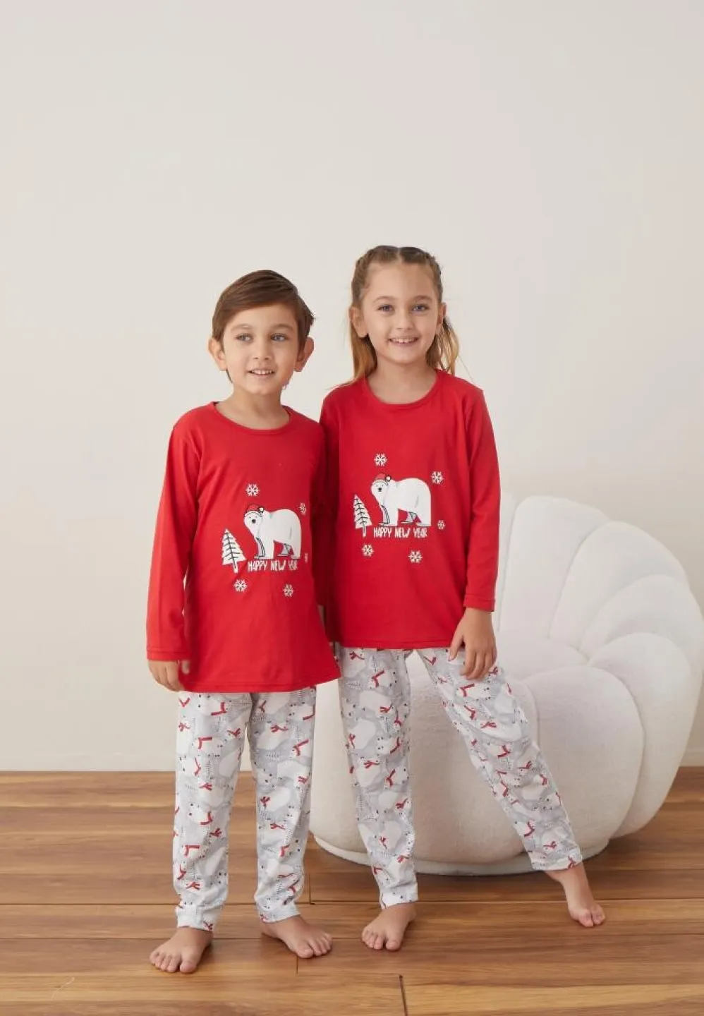 Pijama Happy New Year Fete și Băieți Crăciun Mânecă Lungă Pantalon Lungi Rosu - 3