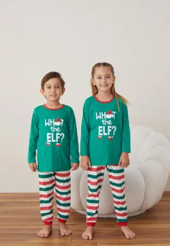 Pijama WHAT the ELF? Fete și Băieți Crăciun Mânecă Lungă Pantalon Lungi Verde hover