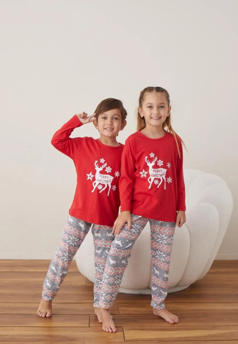 Pijama Merry Christmas Fete și Băieți Crăciun Mânecă Lungă Pantalon Lungi Roșu - 2