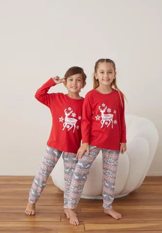 Pijama Merry Christmas Fete și Băieți Crăciun Mânecă Lungă Pantalon Lungi Roșu hover