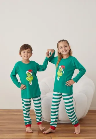 Pijama Crăciun Fete și Băieți, Mânecă Lungă, Pantalon Lungi,Verde,Elf
