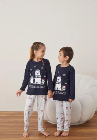Pijama FOREVER FRIENDS Fete și Băieți Crăciun Mânecă Lungă Pantalon Lungi Bleumarin hover