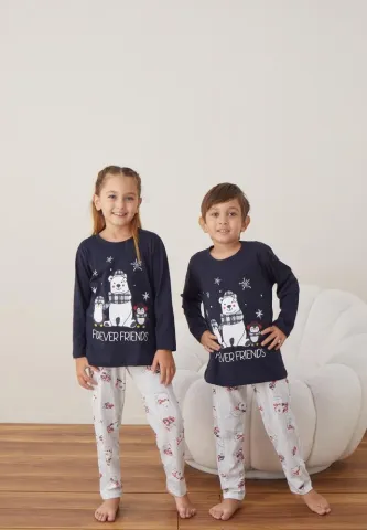 Pijama FOREVER FRIENDS Fete și Băieți Crăciun Mânecă Lungă Pantalon Lungi Bleumarin