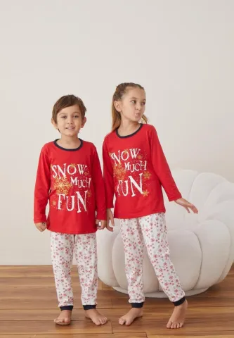 Pijama Snow Fete și Băieți Crăciun Mânecă Lungă Pantalon Lungi Roșu