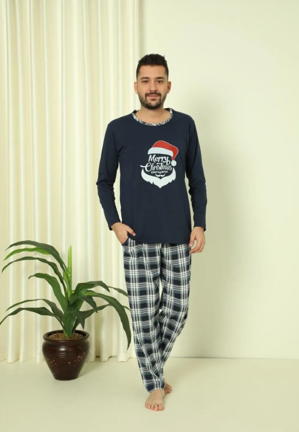Pijama Merry Christmas Bărbat Crăciun Pantaloni Lungi Mânecă Lungă Bleumarin - 2
