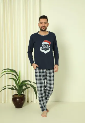 Pijama Merry Christmas Bărbat Crăciun Pantaloni Lungi Mânecă Lungă Bleumarin hover