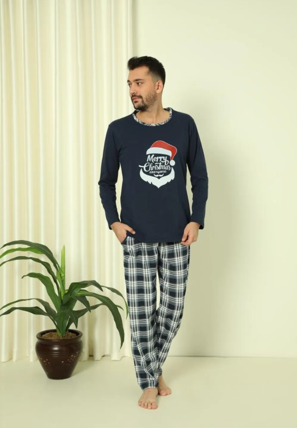 Pijama Merry Christmas Bărbat Crăciun Pantaloni Lungi Mânecă Lungă Bleumarin - 3