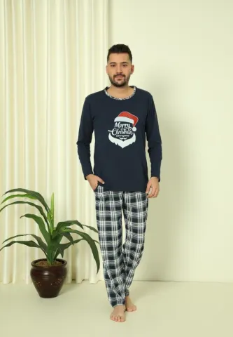 Pijama Merry Christmas Bărbat Crăciun Pantaloni Lungi Mânecă Lungă Bleumarin