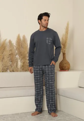Pijama Gri Bărbați Mânecă Lungă și Pantaloni Lungi hover