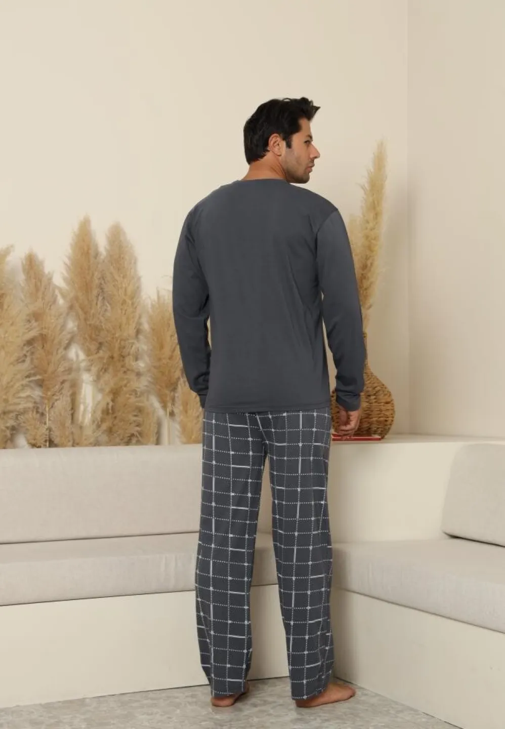 Pijama Gri Bărbați Mânecă Lungă și Pantaloni Lungi - 3