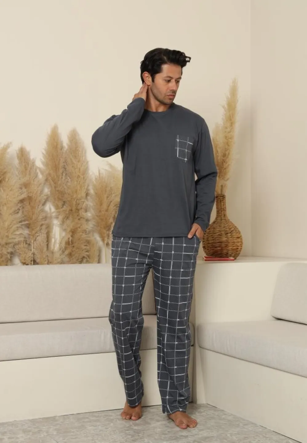 Pijama Gri Bărbați Mânecă Lungă și Pantaloni Lungi - 1
