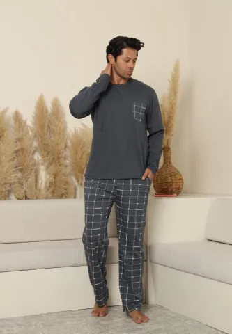 Pijama Gri Bărbați Mânecă Lungă și Pantaloni Lungi