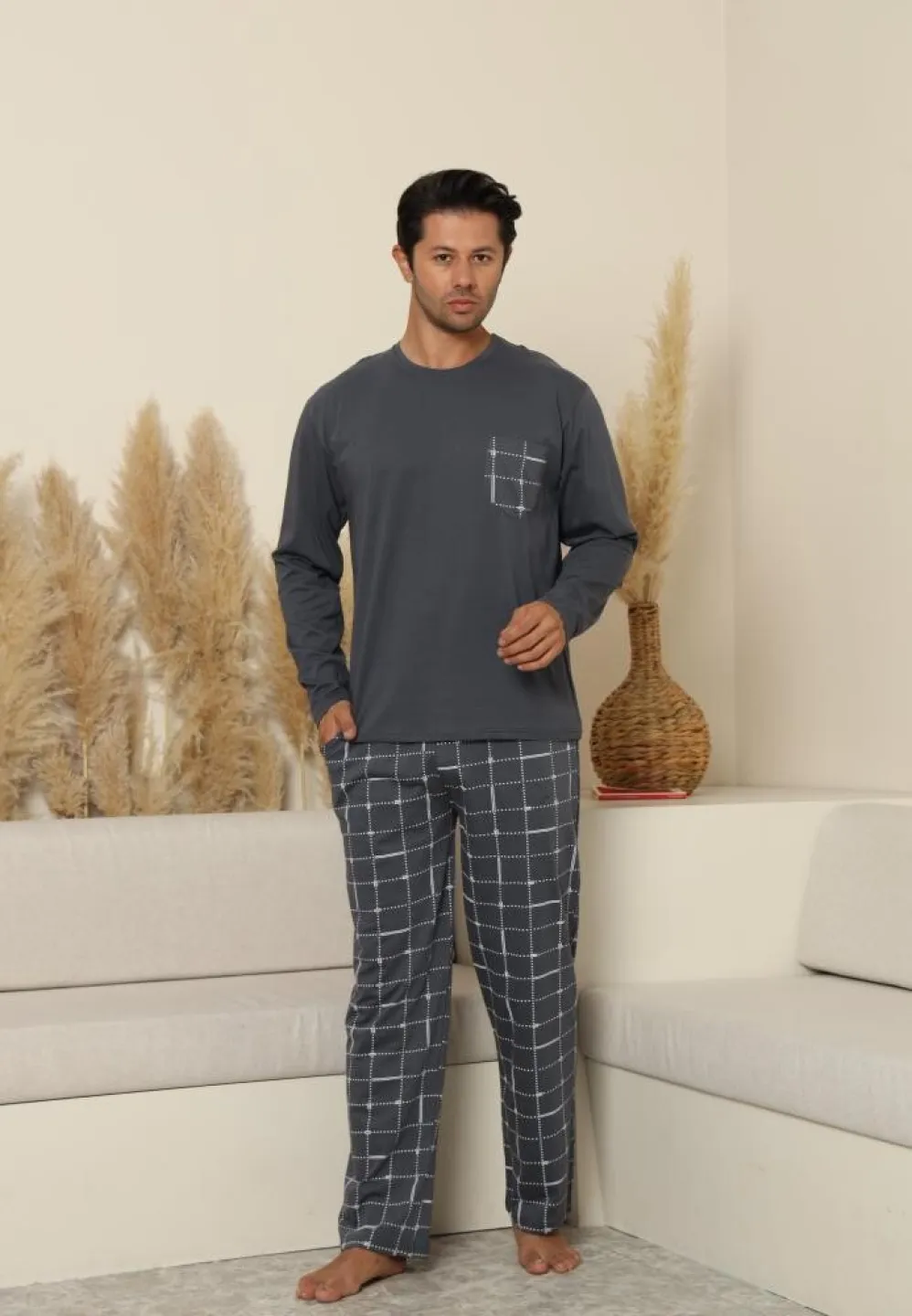 Pijama Gri Bărbați Mânecă Lungă și Pantaloni Lungi - 4