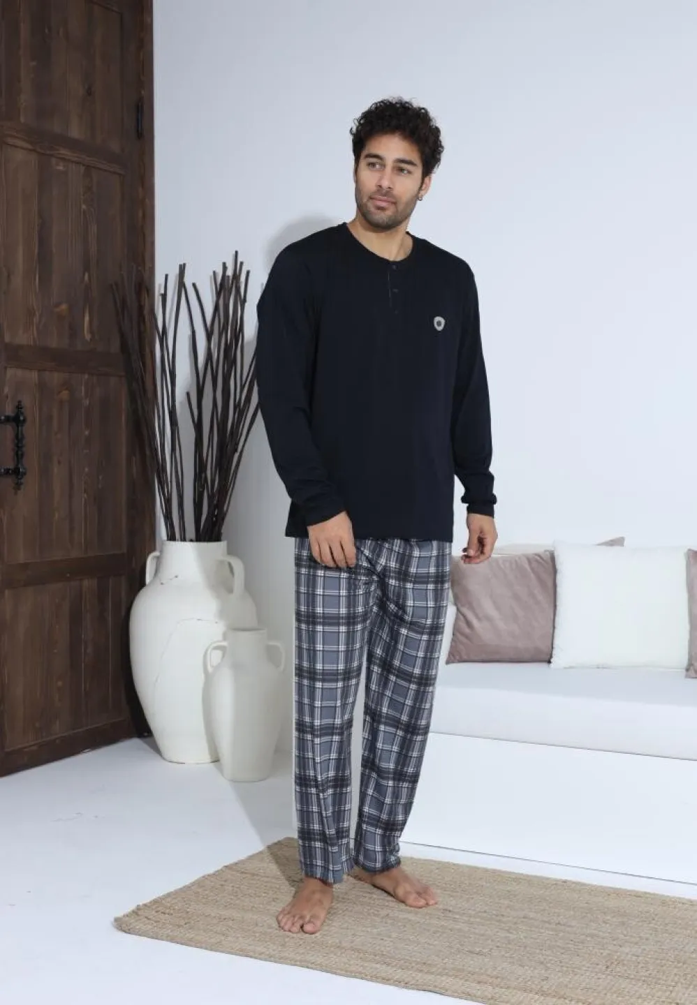 Pijama Bărbați Pantaloni și Mânecă Lungă Culoare Negru - 3