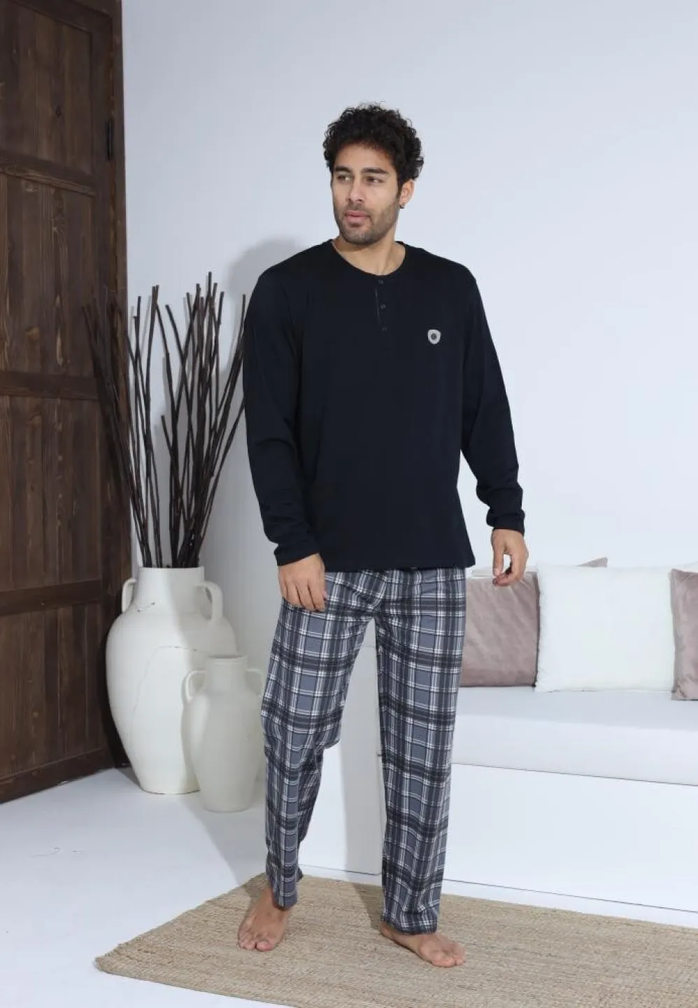 Pijama Bărbați Pantaloni și Mânecă Lungă Culoare Negru - 4