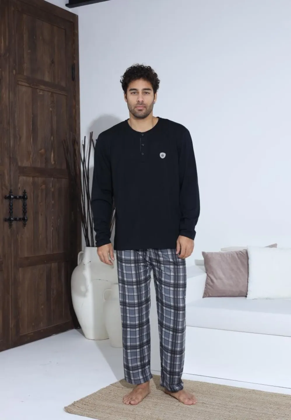 Pijama Bărbați Pantaloni și Mânecă Lungă Culoare Negru - 5