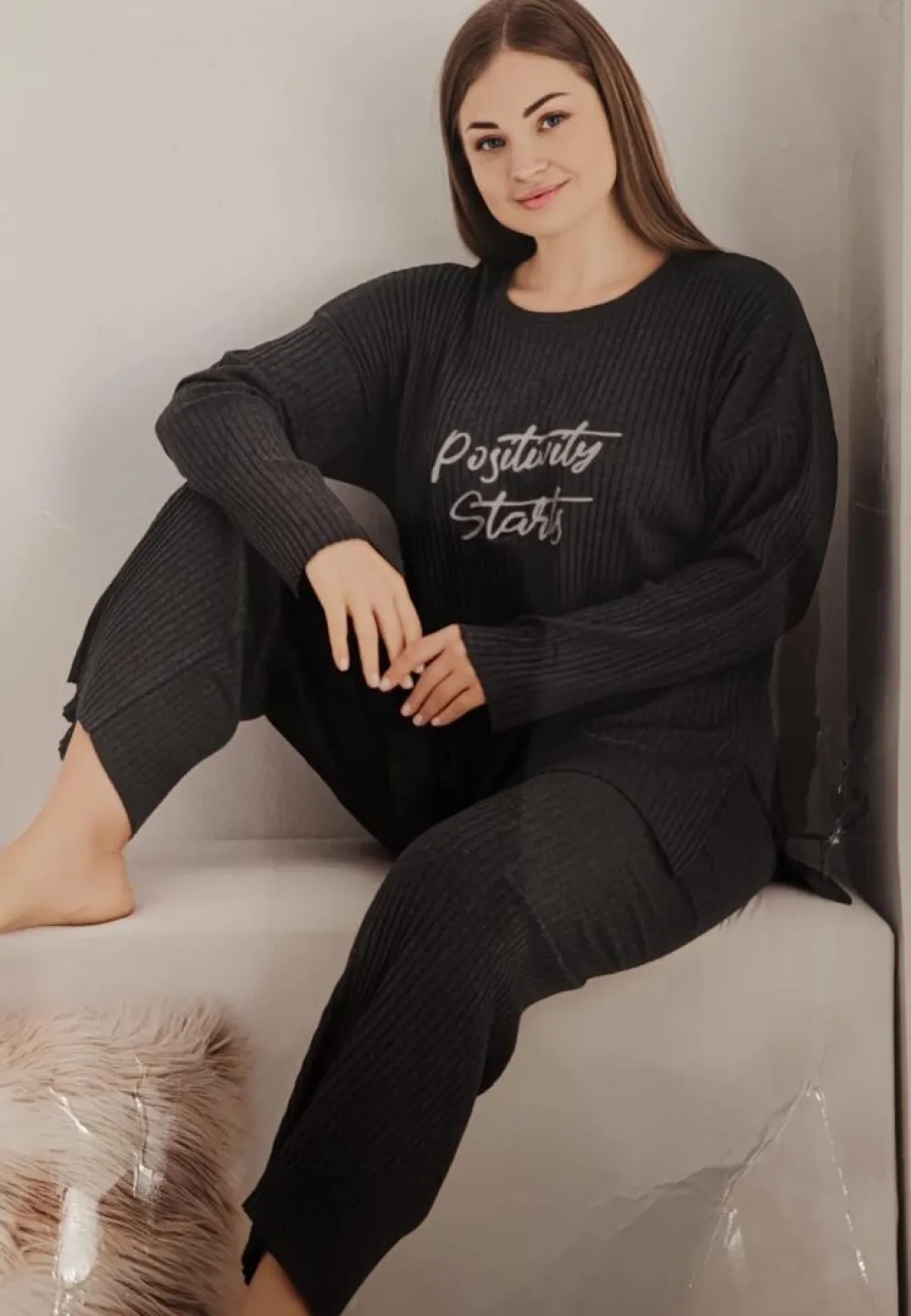 Pijama damă Gri închis, mărime mare, model plisat - 1