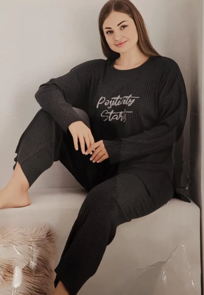 Pijama damă Gri închis, mărime mare, model plisat